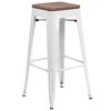 Flash Furniture CH-31320-30-WH-WD-GG 30"H Backless White Metal Barstool with Wood Seat 