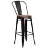 Flash Furniture CH-31320-30GB-BQ-WD-GG 30"H Black Antique Gold Metal Back Barstool with Wood Seat 