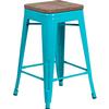 Flash Furniture ET-BT3503-24-CB-WD-GG 24"H Blue Stackable Backless Metal Barstool with Wood Seat 