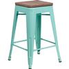Flash Furniture ET-BT3503-24-MINT-WD-GG 24"H Mint Stackable Backless Metal Barstool with Wood Seat 