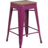 Flash Furniture ET-BT3503-24-PUR-WD-GG 24"H Purple Stackable Backless Metal Barstool with Wood Seat 