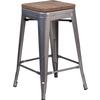 Flash Furniture XU-DG-TP0004-24-WD-GG 24"H Silver Stackable Backless Metal Barstool with Wood Seat 