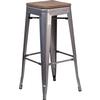 Flash Furniture XU-DG-TP0004-30-WD-GG 30"H Silver Stackable Backless Metal Barstool with Wood Seat 