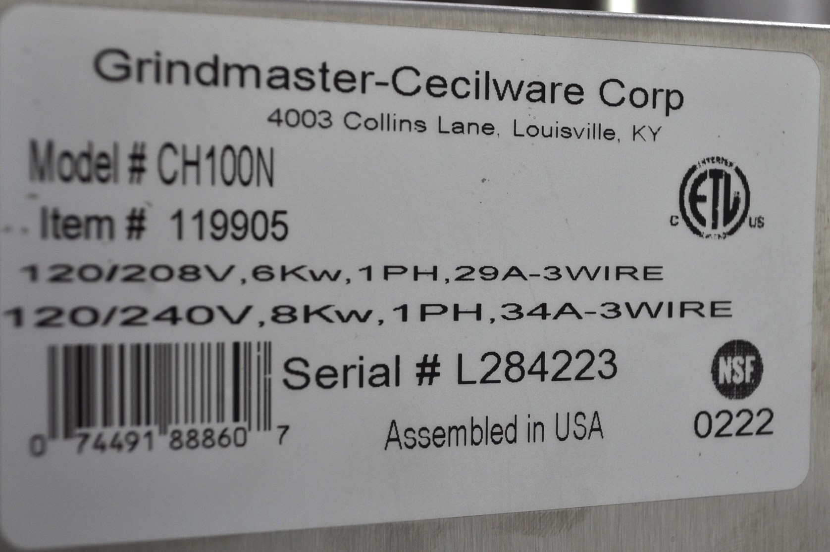 Grindmaster-Cecilware CH100N - Item 230676