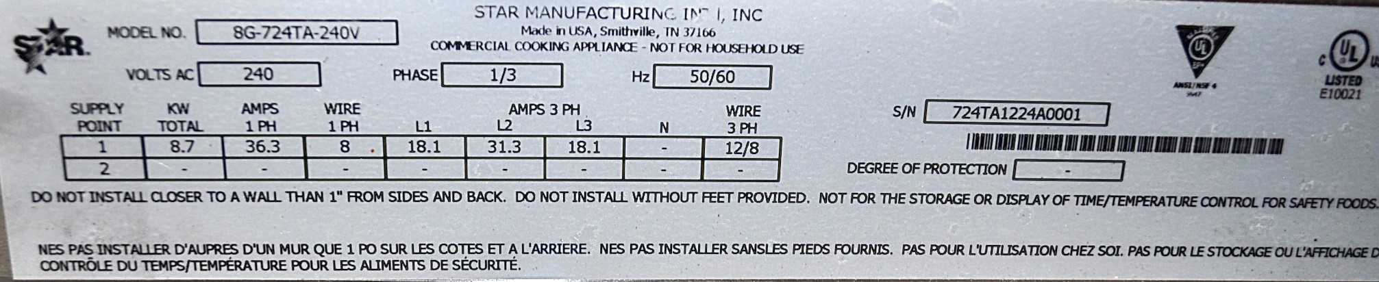 Star 8G-724TA-240V - Item 254428