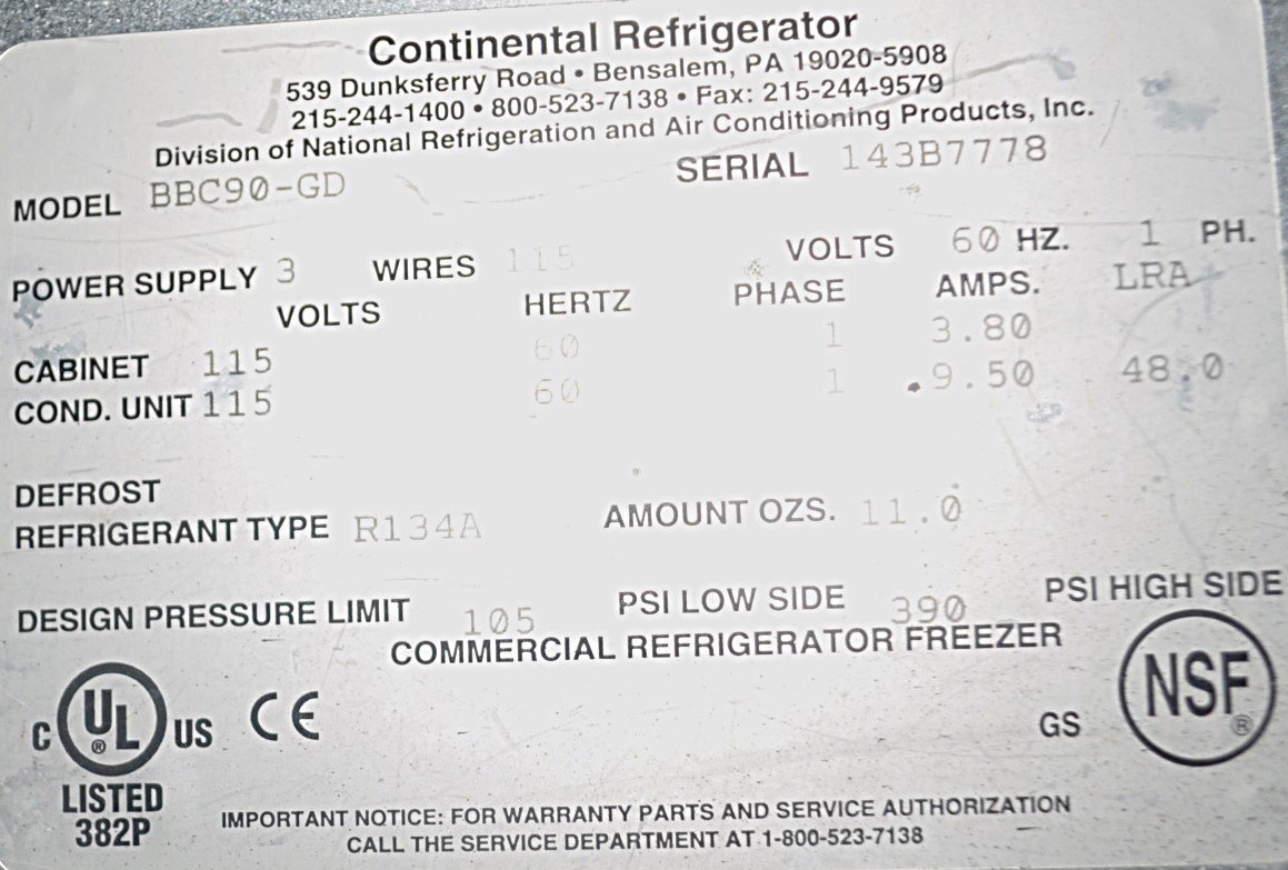 Continental Refrigerator BBC90-GD - Item 256211