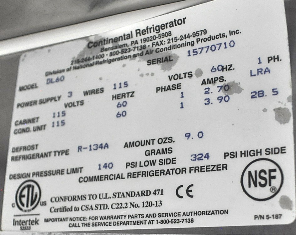 Continental Refrigerator DL60 - Item 259512