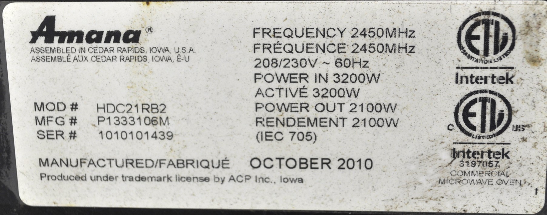Amana HDC21RB2 - Item 259575