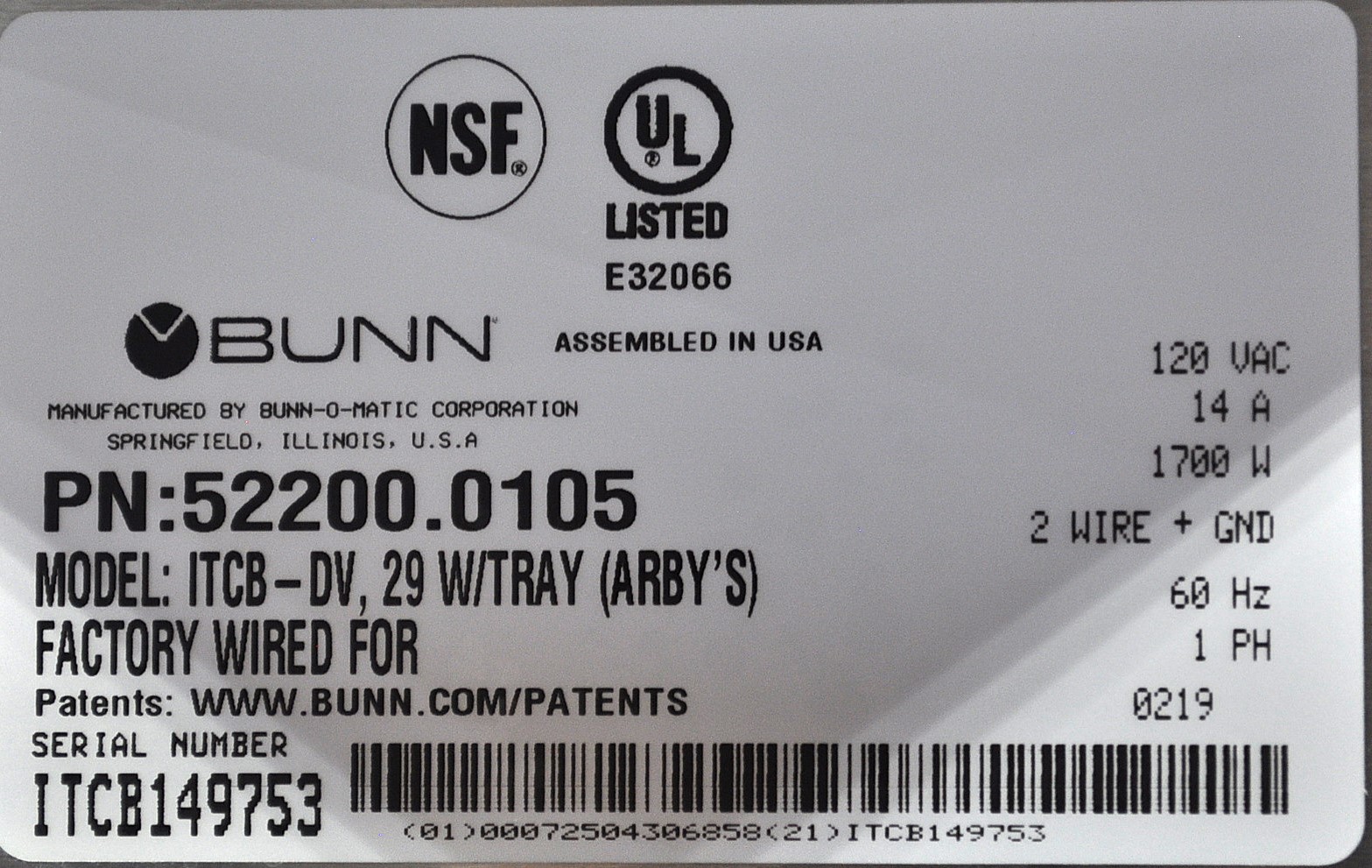 Bunn ITCB-DV - Item 259601