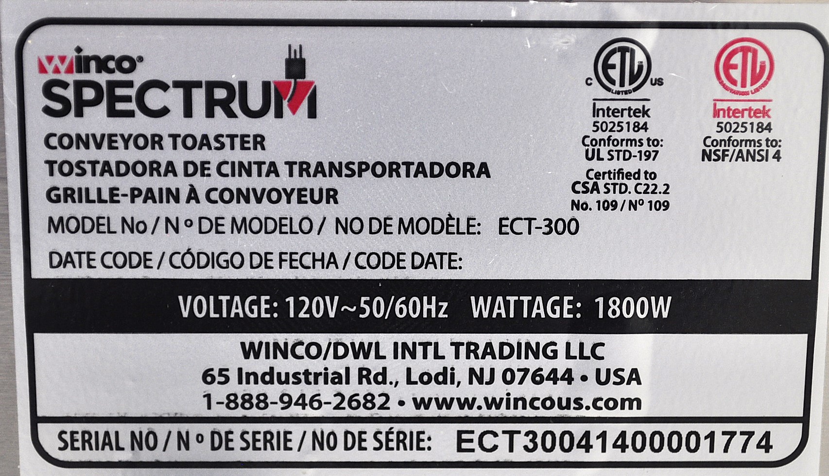 Winco ECT-300 - Item 260094