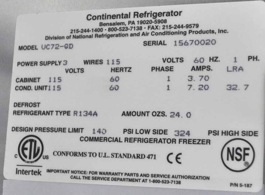 Continental Refrigerator UC72-GD - Item 260677