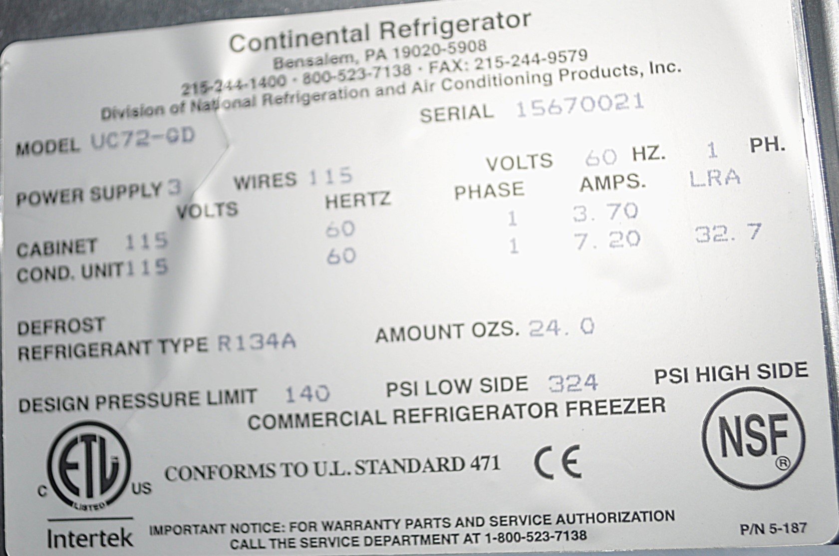 Continental Refrigerator UC72-GD - Item 260678