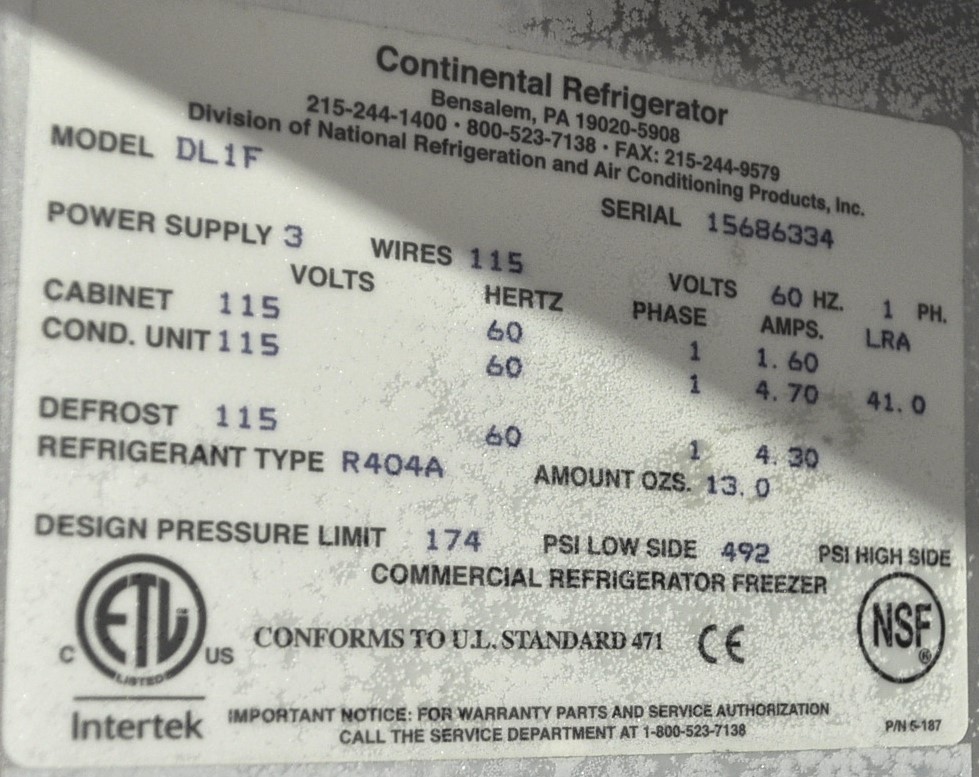 Continental Refrigerator DL1F - Item 260680