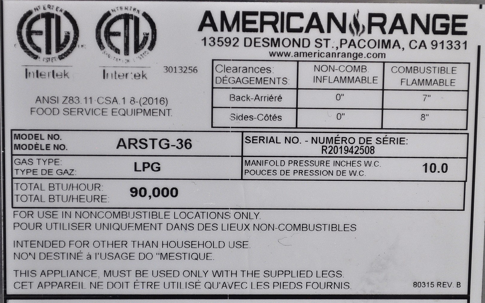American Range ARSTG-36 - Item 261068