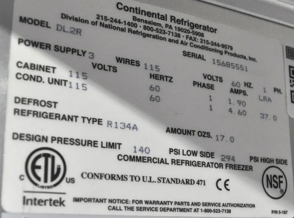 Continental Refrigerator DL2R - Item 261934