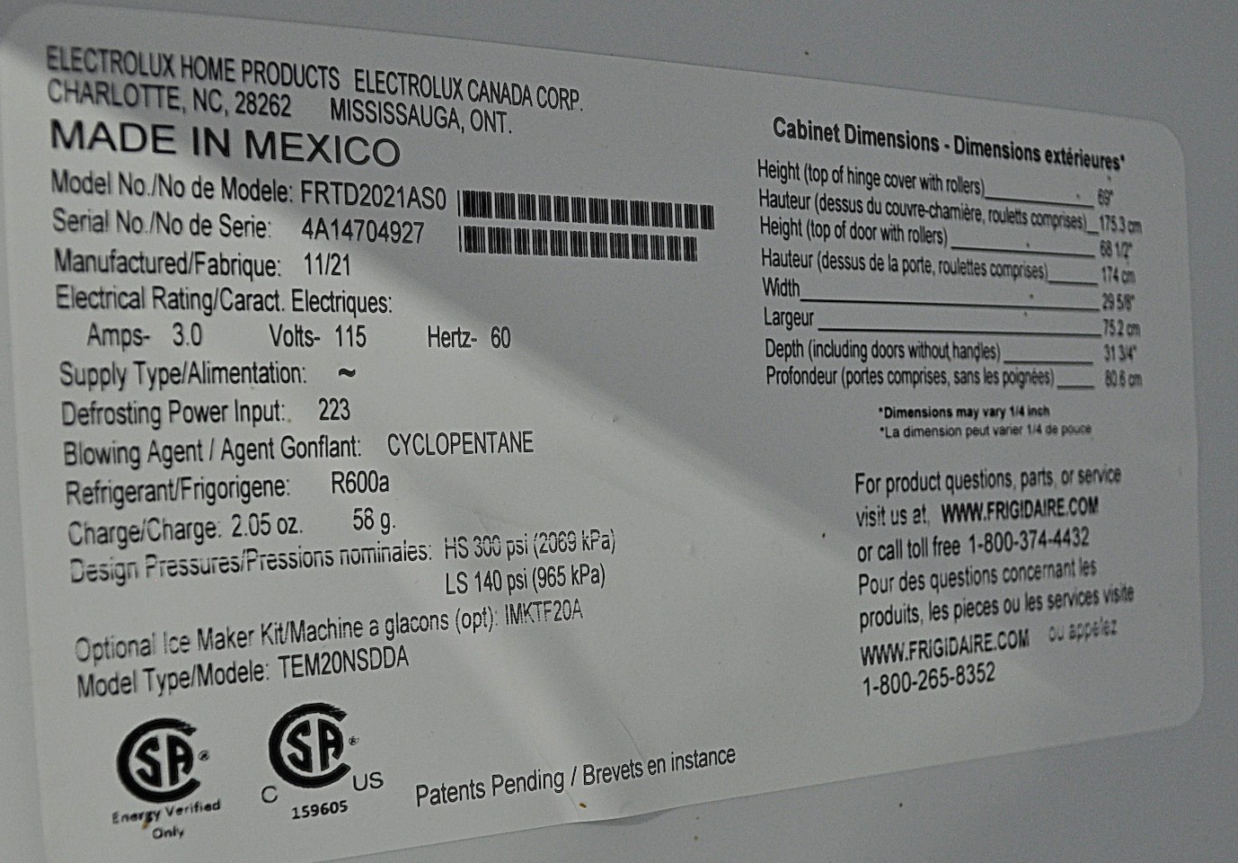 Frigidaire FRTD2021AS0 - Item 265258