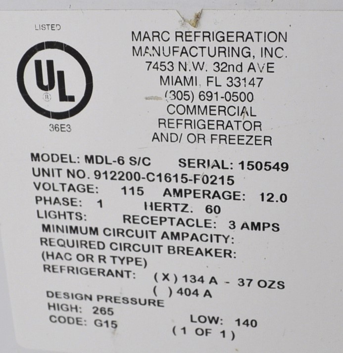 Marc Refrigeration MDL-6-S/C - Item 265684