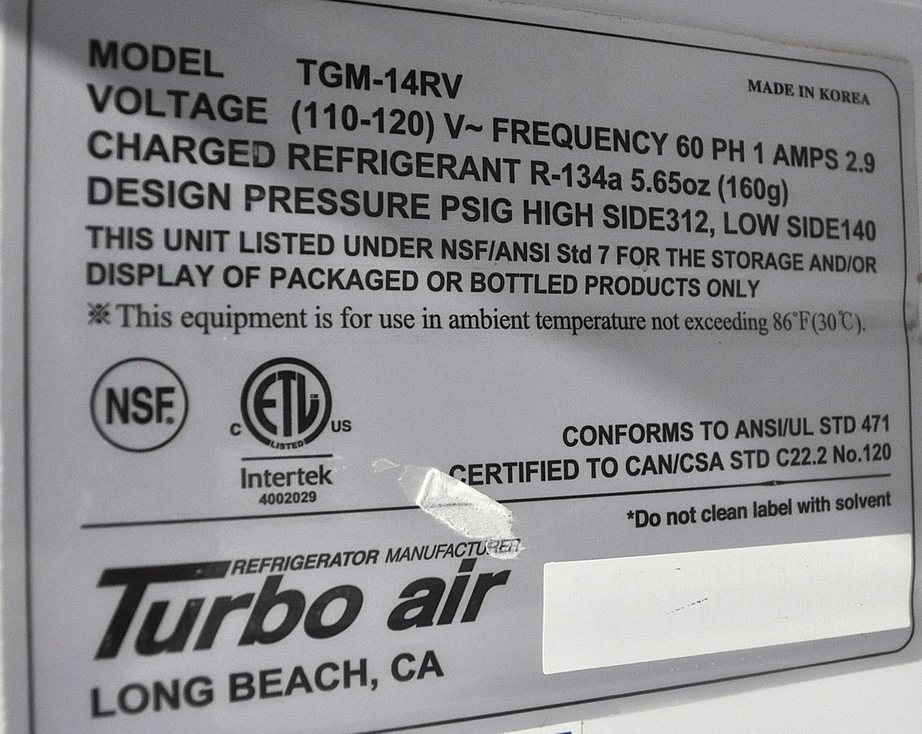 Turbo Air TGM-14RV - Item 265935