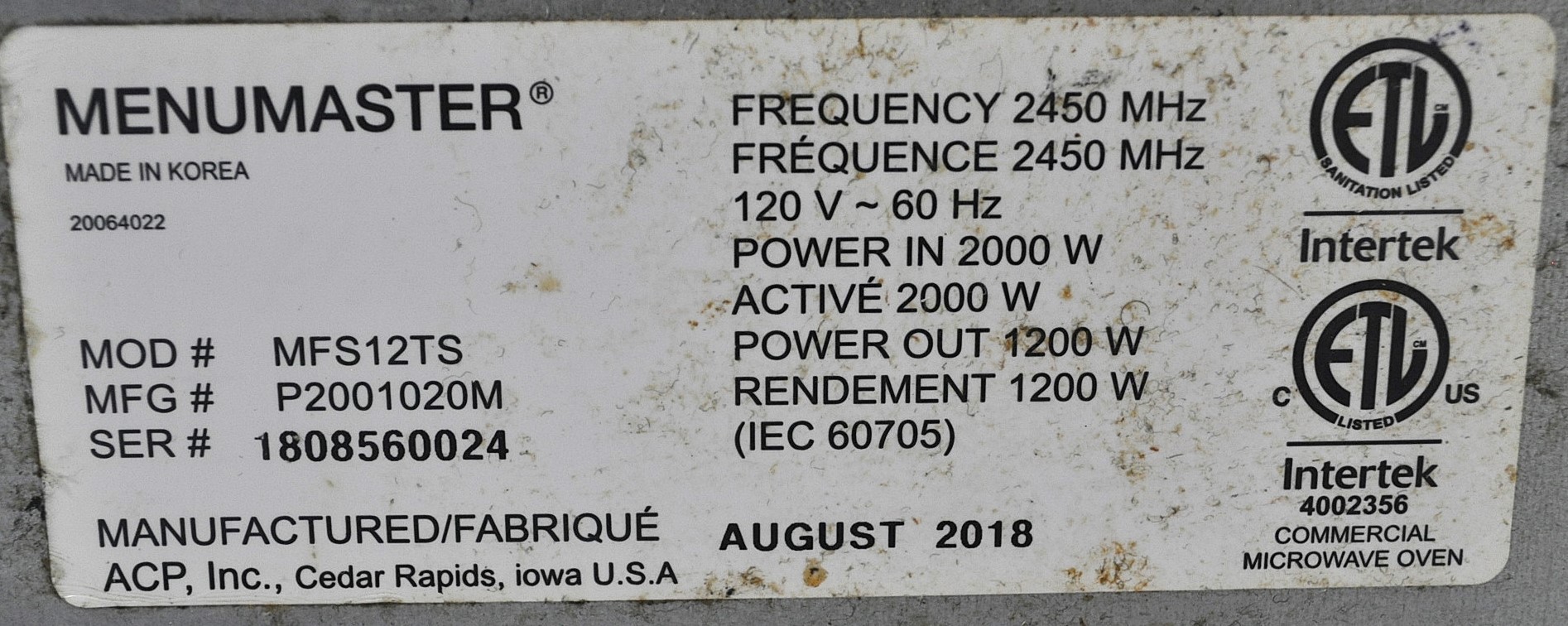 MenuMaster MFS12TS - Item 266260