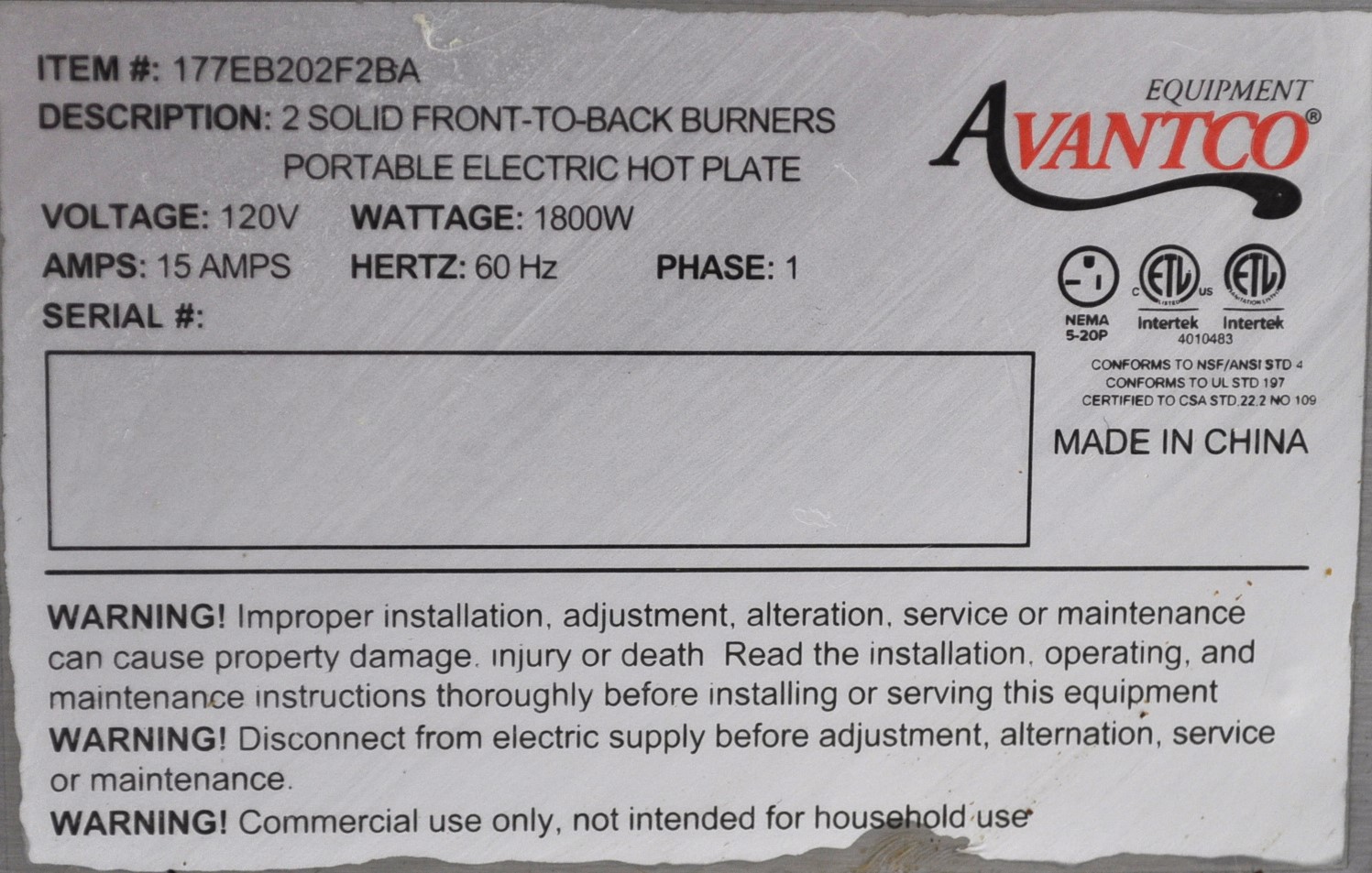 Avantco 177EB202F2BA - Item 267067