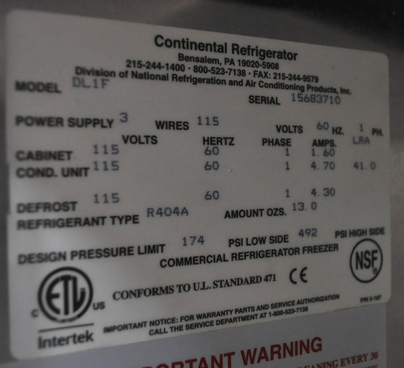 Continental Refrigerator DL1F - Item 269293