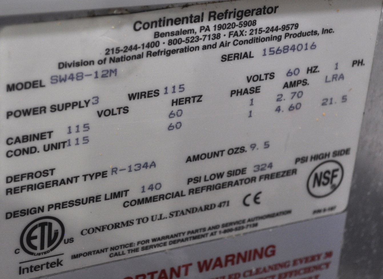 Continental Refrigerator SW48-12M - Item 269296