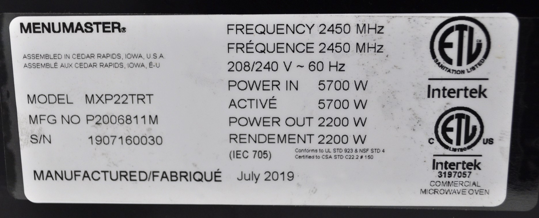 Menumaster MXP22TRT - Item 269337