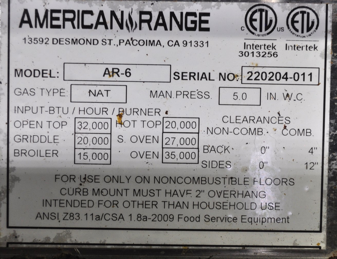 American Range AR 6 - Item 275245