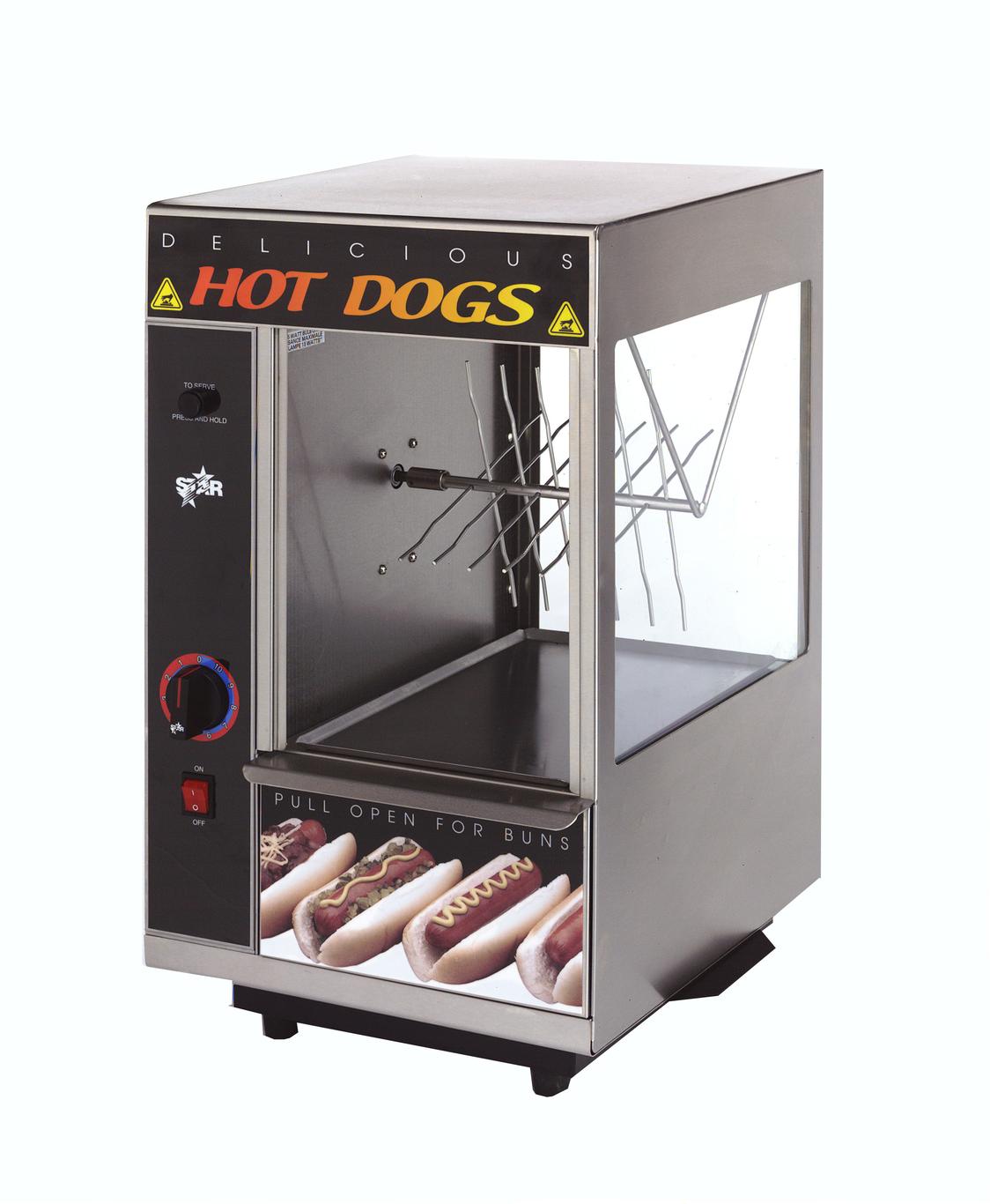 Star 174SBA Hot Dog & Bun Broiler w/ Spike Wheel & 24 Dogs/12 Buns Cap.