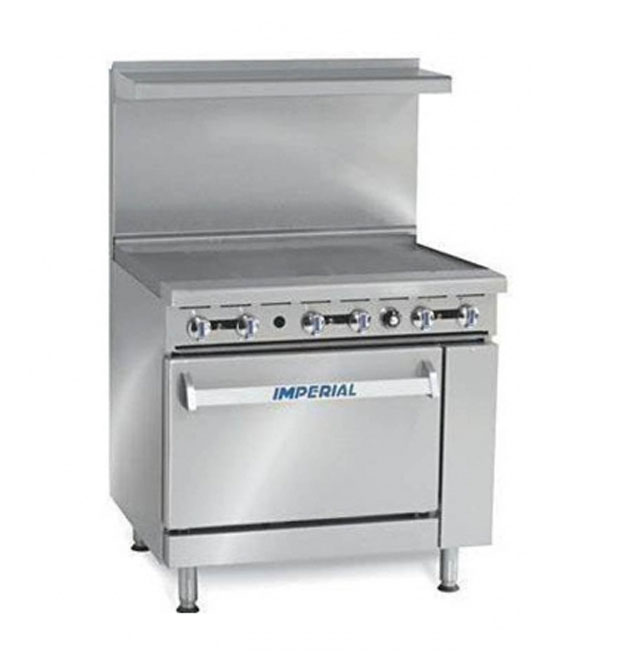 Imperial 36in 3-Burner Griddle Top Range With Lower Oven and Upper Shelf on  Casters,Gas 