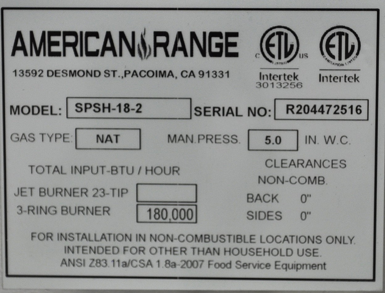American Range SPSH-18-2 - Item 258269
