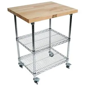 John Boos 27" x 21" Mobile Wood Top Utility Cart w/ 2 Wire Shelves - MET-MWC-1-X
