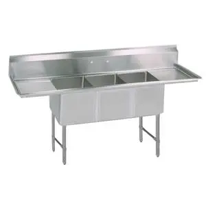 BK Resources 75" (3) Compartment Sink S/s Leg 15" Left & Right Drainboard - BKS-3-15-14-15TS